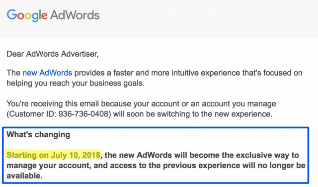 Notificación Cierre de Antigua Interfaz de Google AdWords