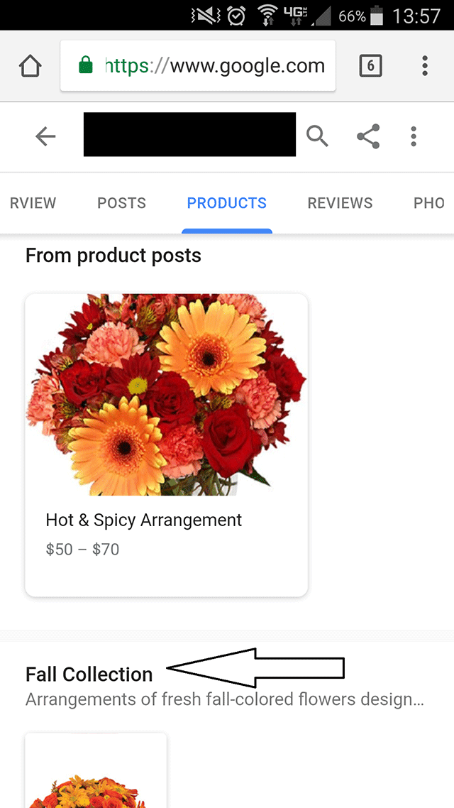 Pestaña de Productos en Google My Business