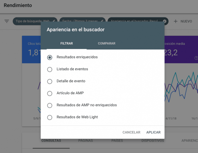 Informe de Rendimiento en Google Search Console. Más filtros disponibles